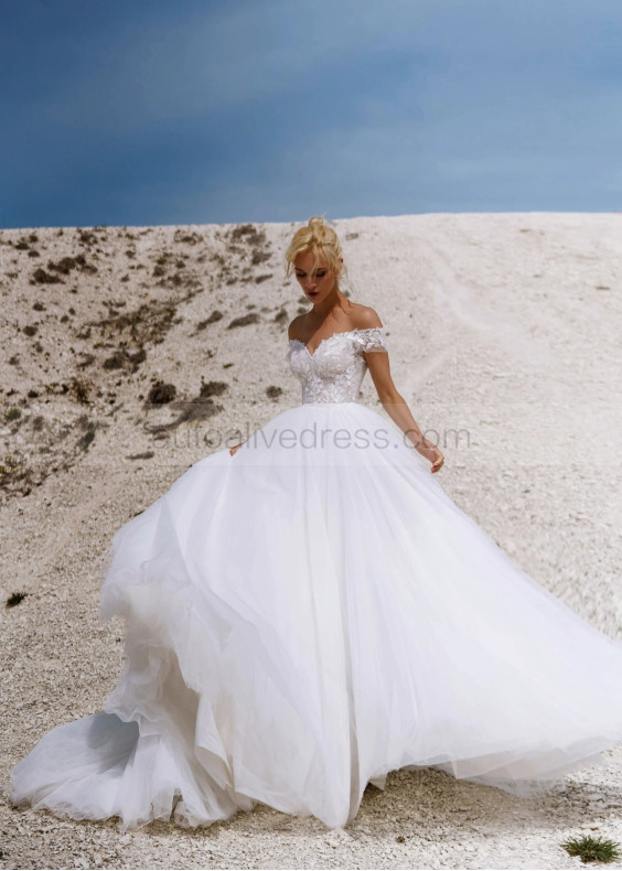 Off Shoulder Beaded White Lace Tulle Sweet Wedding Dress